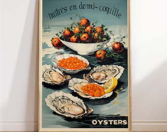 Oysters on the Half Shell Poster: Vintage French Cuisine Print