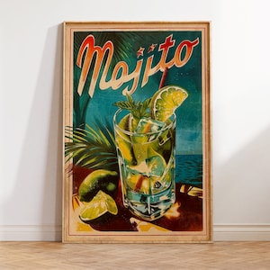 Póster de mojito vintage / Impresión artística de cóctel retro / Decoración de pared publicitaria de licor nostálgico para bar tropical