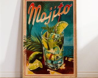 May include: A vintage-style poster with a colorful illustration of a mojito cocktail. The poster has a blue background with palm leaves and the word "Mojito" in a stylized font.