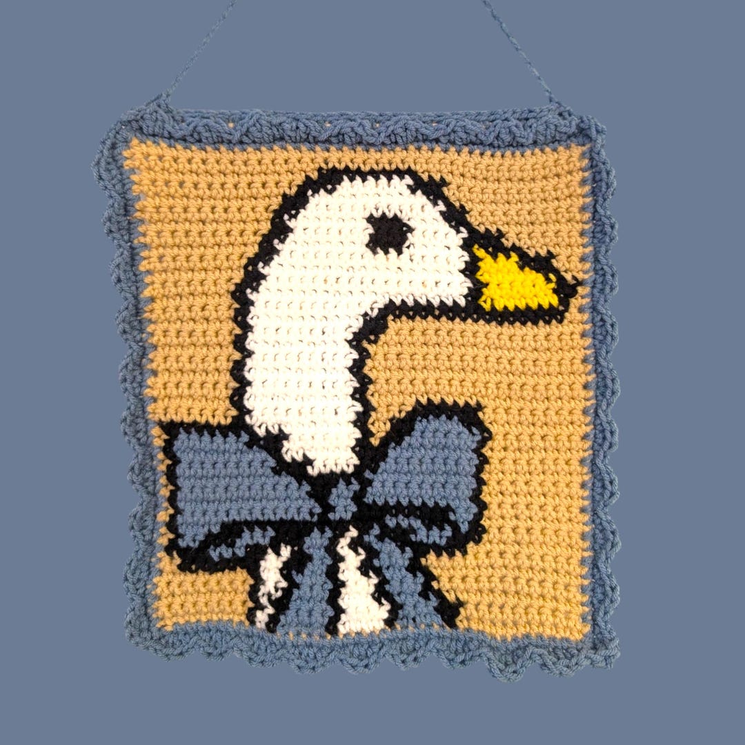 Vintage 90s Blue Ribbon Goose Crochet Wall Hanging Tapestry | Handmade ...