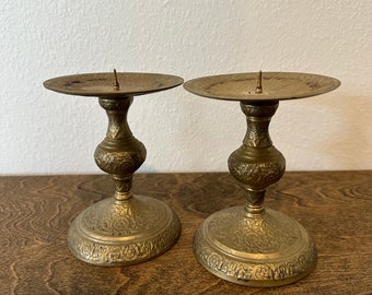 Vintage Brass Etched Candlestick holders - Set of 2