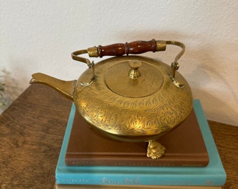 Vintage Claw Foot Brass Tea Pot with Wooden Handle