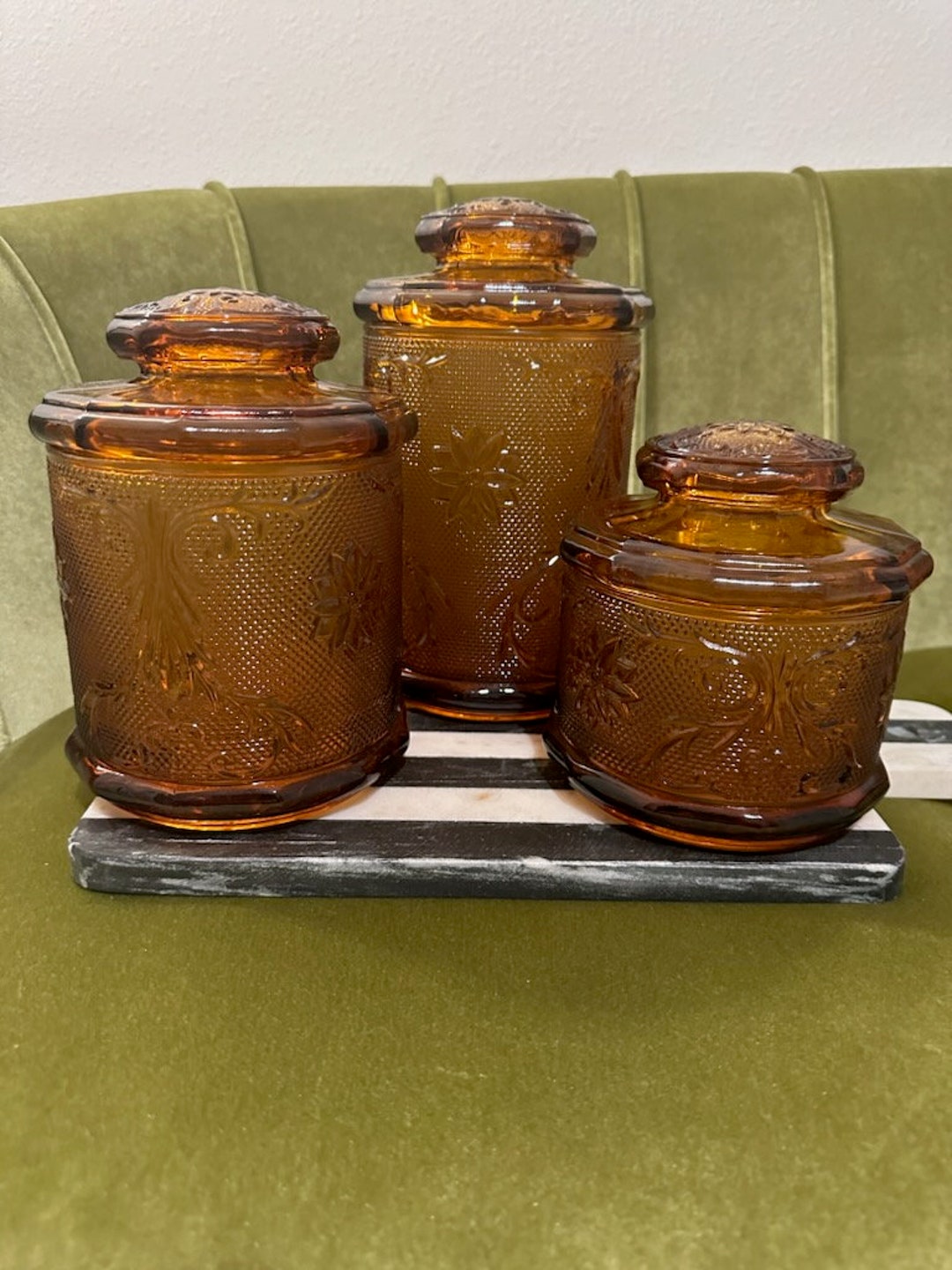 Tiara Amber Glass Canisters Vintage Etsy