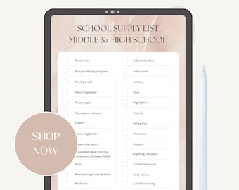 May include: A digital checklist for school supplies for middle and high school students. The checklist includes items such as pencils, pens, folders, binders, and more.