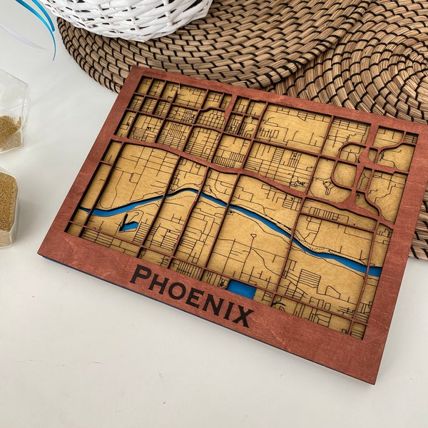 10th Jahrestag Geschenk - Erinnerung Holz Stadtplan - Wählen Sie Ihren Standort! Phoenix Stadt oder eine andere deiner Wahl