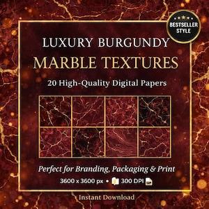 Puede incluir: Imagen de producto digital con "LUXURY BURGUNDY MARBLE TEXTURES". Muestra 20 papeles digitales de alta calidad con diseño de mármol burdeos. El texto indica idoneidad para branding, packaging e impresión, con una resolución de 3600 x 3600 px.
