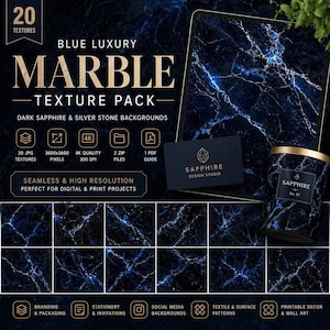 Puede incluir: Un paquete de productos digitales con 20 texturas de mármol azul oscuro y plateado. El paquete incluye archivos JPG de alta resolución, perfectos para proyectos digitales e impresos. El diseño incluye un portátil, tarjeta de visita y vela.