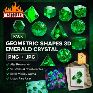 Pakiet zielonych, 3D, geometrycznych kształtów PNG + JPG | Clipart z kryształowymi kształtami szmaragdowymi | Kostki, kule, klejnoty piramidy | Projekt cyfrowy 3600px