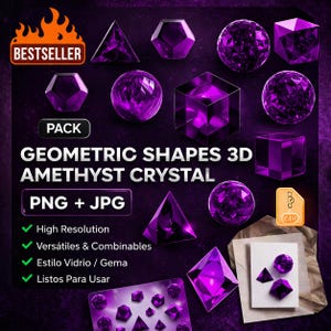 Purple 3D Geometric Figures Pack PNG + JPG | Amethyst Crystal Shapes Clipart | Cubes Spheres Pyramid Gems | Digital Download 3600px