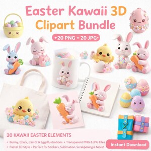 Puede incluir: Una colección de elementos de clipart 3D Kawaii de Pascua. La imagen presenta conejitos, pollitos, huevos y zanahorias en colores pastel. El texto dice "Easter Kawaii 3D Clipart Bundle" y "20 Kawaii Easter Elements".
