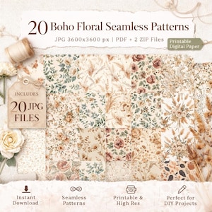 Puede incluir: Un paquete de papel digital con 20 patrones florales bohemios sin costuras. Los patrones presentan diseños florales y botánicos en tonos neutros. La imagen incluye el texto "20 Boho Floral Seamless Patterns" y "Printable Digital Paper".