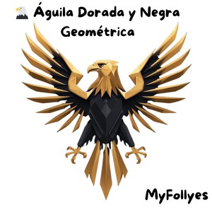 Puede incluir: Un diseño geométrico de un águila dorada y negra con las alas extendidas. El águila tiene una apariencia detallada y estilizada con ángulos agudos y un cuerpo texturizado. El texto "Águila Dorada y Negra Geométrica" está encima del águila, y "MyFollyes" debajo.
