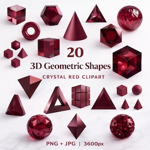Puede incluir: Una colección de veinte formas geométricas 3D, incluyendo cubos, pirámides y esferas, en cristal rojo intenso. La imagen incluye el texto "20 3D Geometric Shapes Crystal Red Clipart".