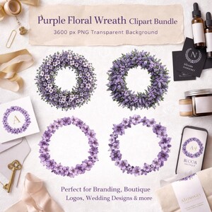 Puede incluir: Una colección de paquetes de imágenes prediseñadas de coronas florales moradas. La imagen incluye cuatro diseños de coronas diferentes, una tarjeta con la letra "A" y otros elementos de marca. El texto dice "Purple Floral Wreath Clipart Bundle" y "Perfect for Branding, Boutique Logos, Wedding Designs & more."