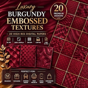 Puede incluir: Gráfico digital con 20 texturas en relieve de color burdeos. La imagen incluye el texto "Luxury Burgundy Embossed Textures" y "20 High-Res Digital Papers". Las texturas se muestran en una cuadrícula, con varios patrones. Adecuado para branding, embalaje y diseño de interiores.