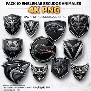 Könnte beinhalten: Eine Sammlung von zehn schwarzen und silbernen Tieremblem-Designs. Jedes Emblem zeigt ein anderes Tier, darunter Tiger, Hai, Wolf und Adler. Der Text "4K PNG" wird oben angezeigt.