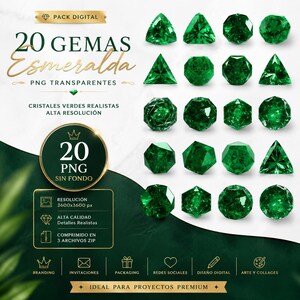 May include: Digital pack featuring 20 emerald gemstones in various shapes, including triangles and faceted forms. The image includes text in Spanish, highlighting the gemstones' realistic quality and high resolution. The pack is ideal for premium projects.