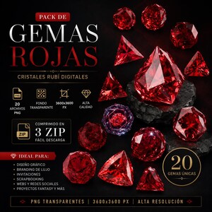 Puede incluir: Una colección de 20 cristales de rubí digitales en varias formas, incluyendo formas facetadas y triangulares. La imagen presenta el texto "PACK DE GEMAS ROJAS" y detalles sobre los archivos PNG, incluyendo su resolución y transparencia.