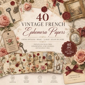 Puede incluir: Una colección de 40 papeles de efemérides francesas vintage, con tarjetas antiguas, rosas, llaves y sellos de cera. La imagen incluye una variedad de diseños para scrapbooking, junk journals e invitaciones. Los papeles son de alta resolución y listos para imprimir.
