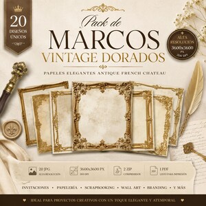 Puede incluir: Un conjunto de marcos dorados vintage con detalles ornamentados. Los marcos se presentan sobre un fondo crema, con texto en español que indica alta resolución y diversos usos como invitaciones y scrapbooking. También hay un bolígrafo y una pluma decorativos.