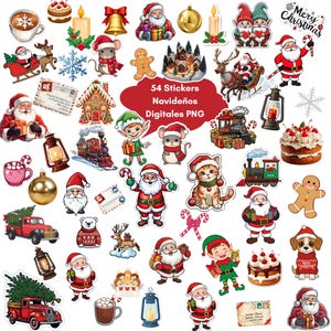 Puede incluir: Un conjunto de 54 pegatinas navideñas con diseños de Papá Noel, elfos, hombrecitos de jengibre y decoraciones festivas. Las pegatinas incluyen texto que dice "Merry Christmas" y "54 Stickers Navideños Digitales PNG".