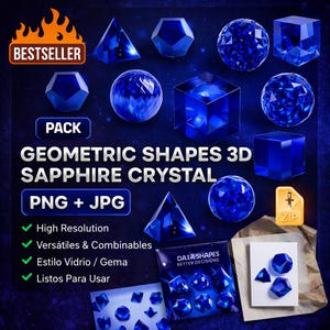 Puede incluir: Un paquete gráfico digital con formas geométricas 3D de cristal de zafiro. La imagen incluye varias formas como esferas, cubos y pirámides. El texto en la imagen incluye "BESTSELLER", "PACK", "PNG + JPG" y "High Resolution".