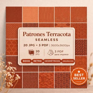 Puede incluir: Una colección de patrones sin costuras de color terracota. La imagen presenta una cuadrícula de varios diseños, incluyendo formas geométricas y orgánicas. El texto central dice "Patrones Terracota SEAMLESS" con detalles de los archivos. Una pegatina de "Best Seller" está presente.