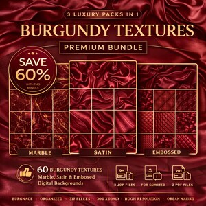 Puede incluir: Un paquete de arte digital con texturas burdeos. La imagen muestra texturas de mármol, satén y relieve. El texto indica un descuento del 60% en el paquete premium, con 60 texturas y fondos digitales.