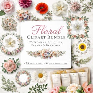 Puede incluir: Una colección de elementos de clipart floral, que incluye flores individuales, ramos, marcos y ramas. La imagen presenta una variedad de flores en tonos de rosa, blanco, rojo y amarillo. El texto en la imagen dice "Floral Clipart Bundle" con detalles sobre el contenido.