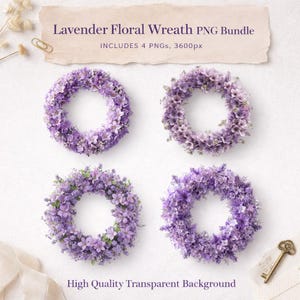 Puede incluir: Cuatro coronas florales de lavanda, compuestas por flores moradas y hojas verdes. El texto superior dice "Lavender Floral Wreath PNG Bundle" y "INCLUDES 4 PNGs, 3600px". El texto inferior dice "High Quality Transparent Background".