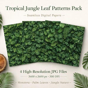 Puede incluir: Un paquete de cuatro archivos JPG de alta resolución con papeles digitales sin costuras con patrones de hojas de jungla tropical. Los papeles muestran exuberantes hojas verdes de Monstera y palmeras, perfectas para proyectos de diseño digital. El texto de la imagen dice: "Tropical Jungle Leaf Patterns Pack - Seamless Digital Papers".