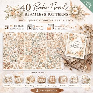 Puede incluir: Paquete de papel digital con 40 patrones florales Boho sin costuras. La imagen muestra diseños florales en una paleta de colores neutros. El texto indica papel digital de alta calidad, con archivos JPG y PDF, ideal para bodas y proyectos creativos.