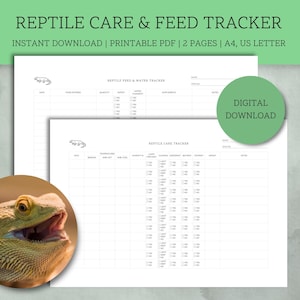 Tracker voor verzorging en voer van reptielen | Afdrukbare slang, hagedis, schildpad, exotische plaat | Verzorging, voer, temperatuur, vochtigheidslogboek | Direct downloaden