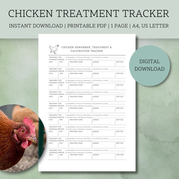 Chicken Treatment Tracker | Record Poultry Dewormer, Treatment & Vaccinations | Pet Care Log | Fillable Health Record | INSTANT DOWNLOAD