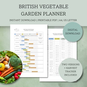 Aménageur de jardins potagers britannique | Guide de jardinage imprimable du Royaume-Uni | Tableau des semis, de la plantation et de la récolte | Suivi des récoltes | Téléchargement instantané