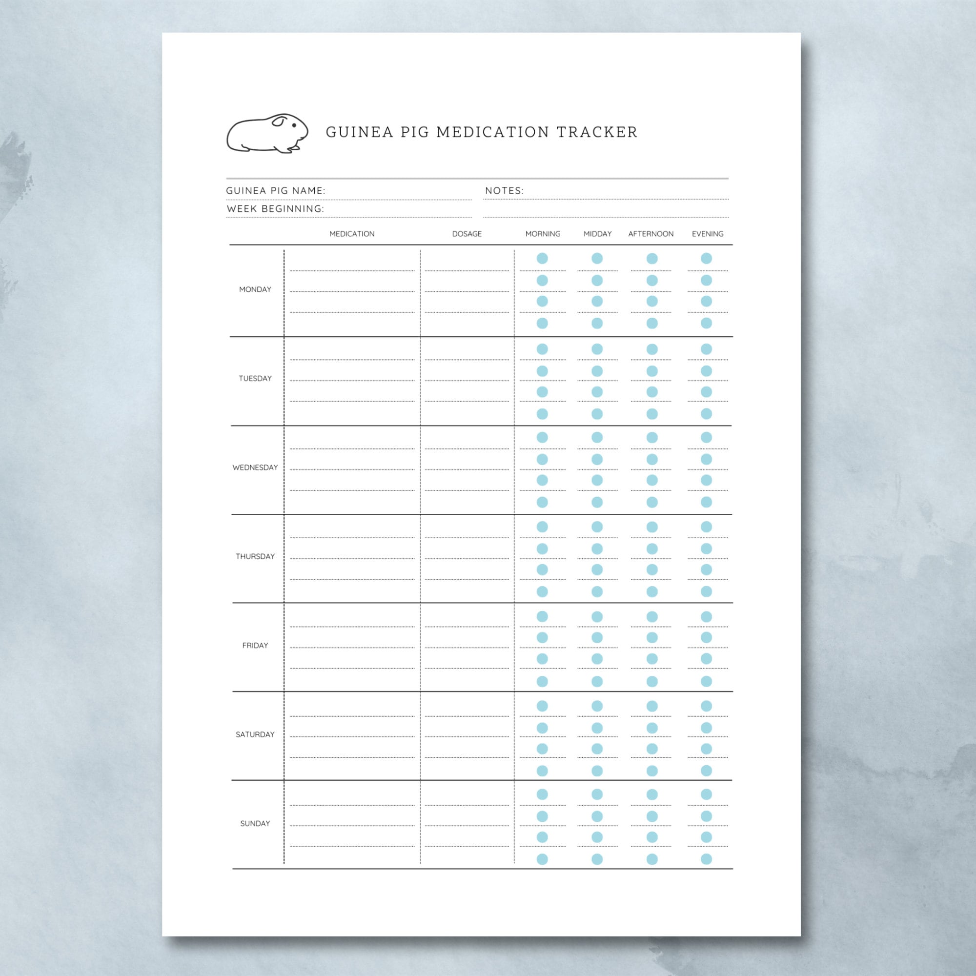 Picture of Guinea Pig Medication Tracker - Printable Cavy Medicine Log (digital ...