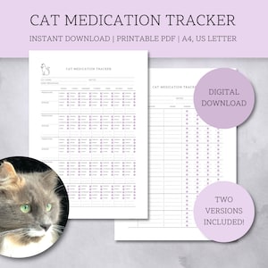 May include: Printable cat medication tracker in PDF format. The tracker has a weekly calendar layout with space for medication name, dosage, frequency, and notes. The tracker is available in two versions, one with a daily checklist and one with a weekly checklist. The image shows a gray cat with green eyes.
