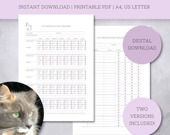 May include: Printable cat medication tracker in PDF format. The tracker has a weekly calendar layout with space for medication name, dosage, frequency, and notes. The tracker is available in two versions, one with a daily checklist and one with a weekly checklist. The image shows a gray cat with green eyes.