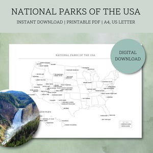 Puede incluir: Un mapa de los Estados Unidos con nombres de parques nacionales, con una imagen de cascada en la esquina inferior izquierda. El texto dice "National Parks of the USA" y "Instant Download | Printable PDF | A4, US Letter".