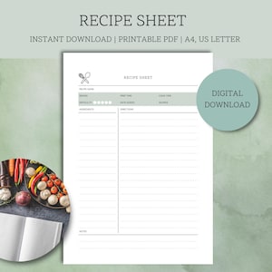 Recipe Sheet | Printable Simple Recipe Template | Print & Fill Recipe Page | Organise Your Recipes | Instant Download