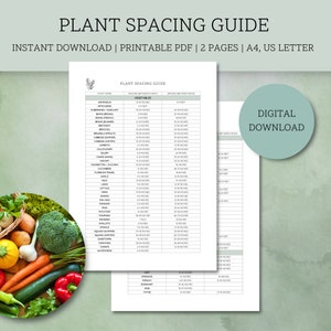 May include: A printable plant spacing guide for vegetables and herbs. The guide includes spacing recommendations for plants and rows in inches and feet. The guide is a digital download and is available in A4 and US Letter sizes.