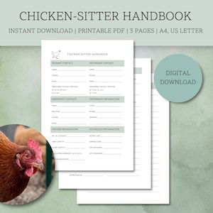 Könnte beinhalten: Druckbare Checkliste für Hühner-Sitter. Die Checkliste enthält Abschnitte für primäre und sekundäre Kontakte, Notfallkontakt, tierärztliche Informationen, Hühnerinformationen und Haushaltsinformationen. Die Checkliste ist für A4-Papier ausgelegt und als digitaler Download verfügbar.