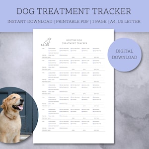 May include: Printable PDF dog treatment tracker with a checklist for vaccinations, flea treatment, tick treatment, dental care, grooming, and other treatments. The tracker has space for the dog's name, owner's name, date of treatment, and next due date. The tracker is designed for A4 paper and is available for instant download.