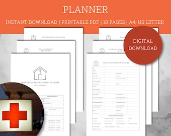 May include: A stack of white printable emergency preparedness planner pages with the text "EMERGENCY PREPAREDNESS PLANNER". The pages include sections for family and pet information, and go-bag supplies. The words "DIGITAL DOWNLOAD" are on a red circle.