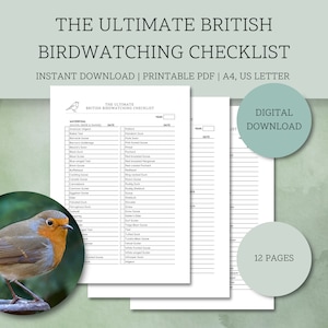 May include: A printable checklist for birdwatching in the UK. The checklist includes a list of common British birds, including waterfowl, ducks, geese, and swans. The checklist is designed to be used in the field and includes space for recording sightings. The checklist is available as a digital download in A4 or US Letter size.