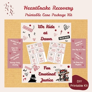 Könnte beinhalten: Ein druckbares Care-Paket-Kit zur Genesung von Herzschmerz, mit Designs mit Sätzen wie "We Ride at Dawn" und "For Emotional Justice". Enthält Aufkleber, Etiketten und dekorative Elemente in Rot und Schwarz.