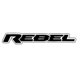 Può includere: Grafica in bianco e nero della parola "REBEL". Il testo è in grassetto, con contorno bianco, su sfondo bianco. Il design è pulito e moderno. Ideale per adesivi, loghi o design.