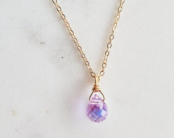 Lilac Teardrop Necklace, crystal jewelry, gemstone necklace, simple jewelry, gold plated, gold filled