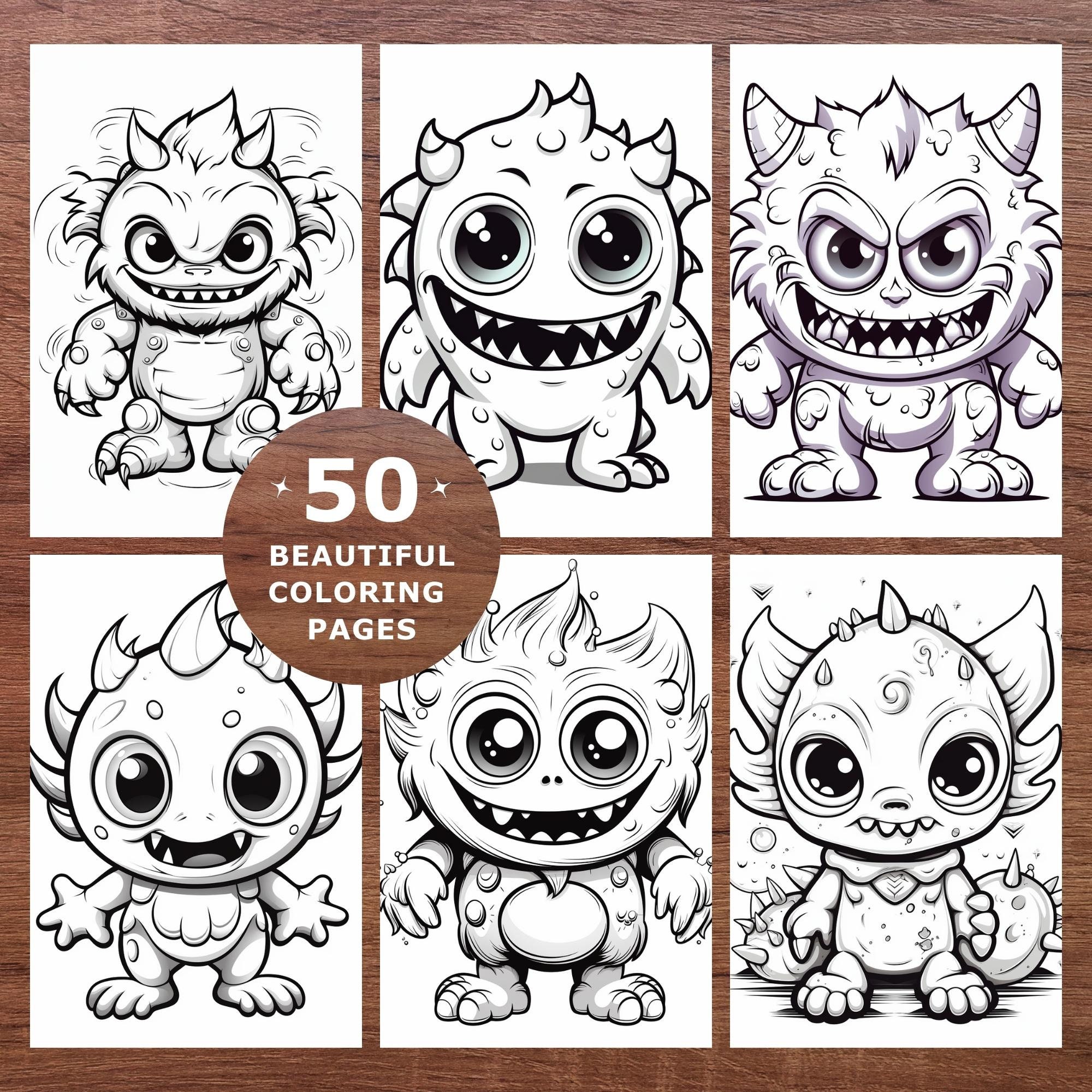 50 Monster Space Coloring Pages, Cute Monsters Coloring, Grayscale ...