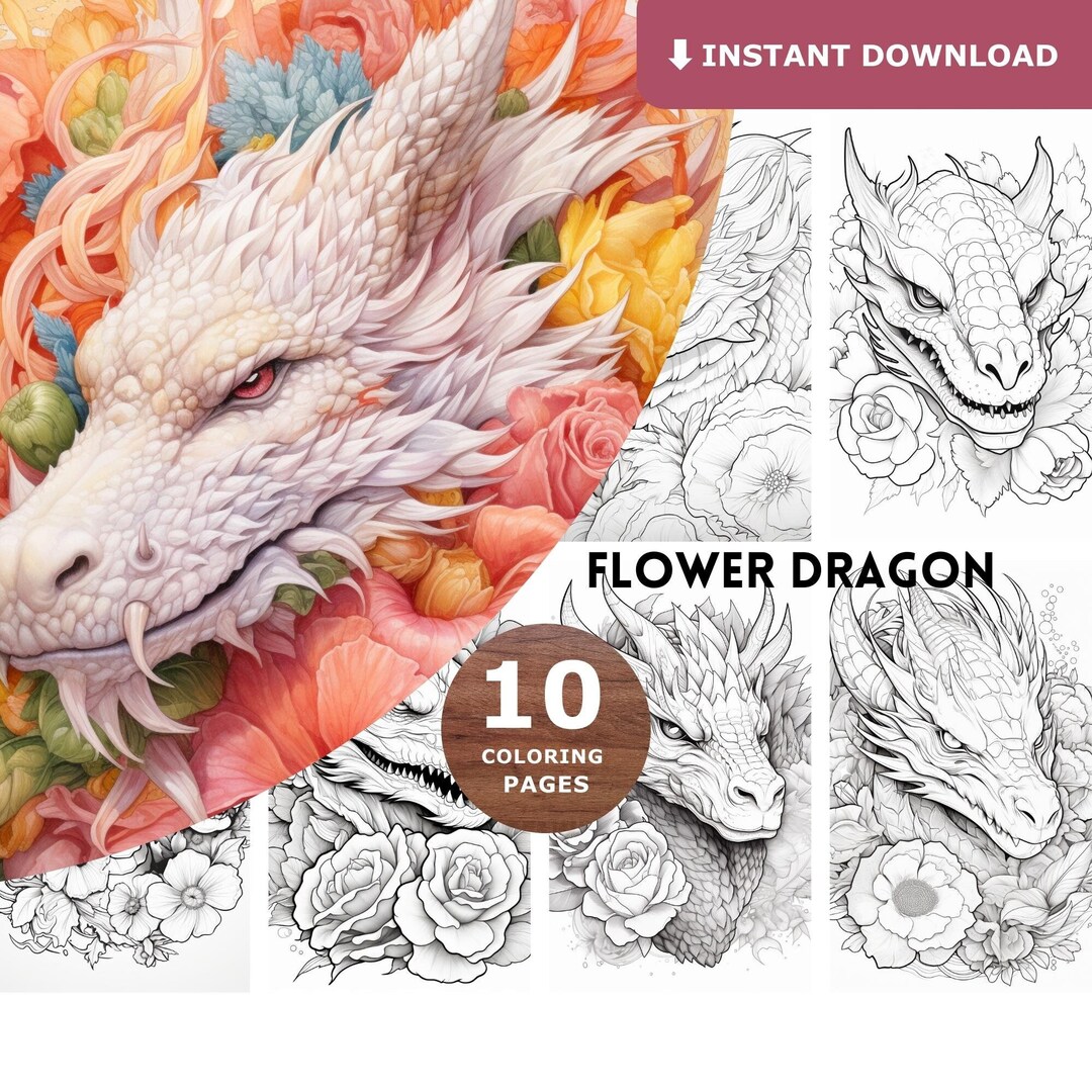 10 Flower Dragon Coloring Pages Dragon Coloring Book for - Etsy